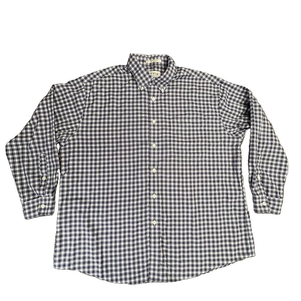 Men’s Orvis Long Buttondown Shirt XXL Cotton Blue White Checked BIG